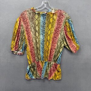 Cacia Snake Print Rainbow Stripe Peplum Blouse Womens Short Sleeve Ruffle Collar